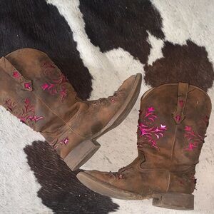 Roper Brown Suede Western Boots with Pink Embroidery